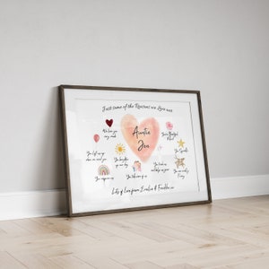 Thoughtful auntie gift print with a personalised name inside a pastel pink heart, surrounded by tiny hearts, flowers, a rainbow and sentimental messages.