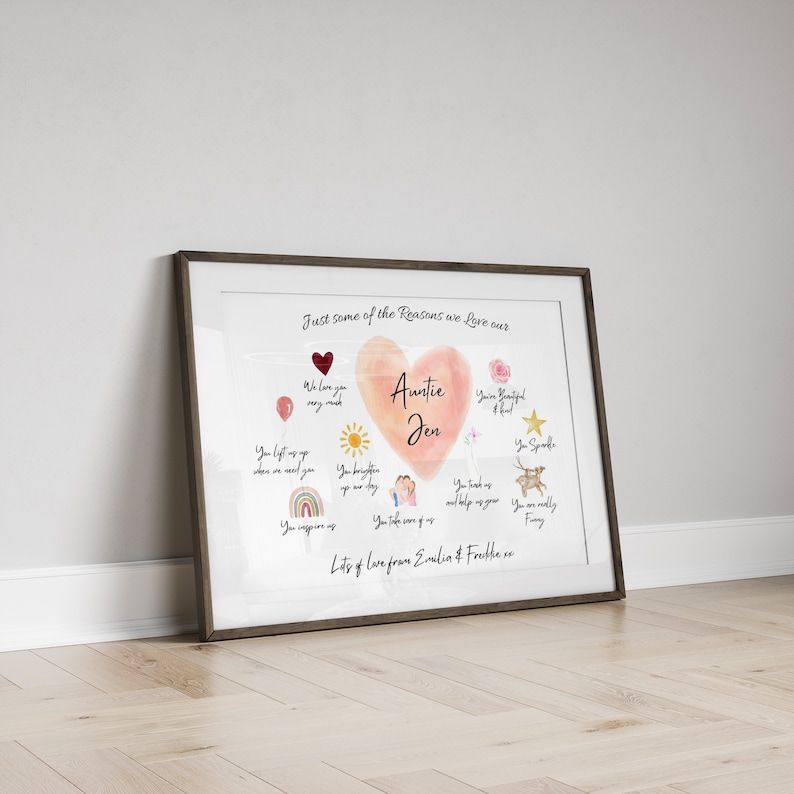 Thoughtful auntie gift print with a personalised name inside a pastel pink heart, surrounded by tiny hearts, flowers, a rainbow and sentimental messages.