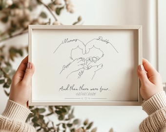 Personalised Family Hands Print with Dog Paw, New Baby Gift, Parents Minimalist Line Art