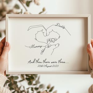 Lámina personalizada de recuerdo para recién nacidos, con diseño de manos familiares en estilo lineal, regalo ideal para padres primerizos.