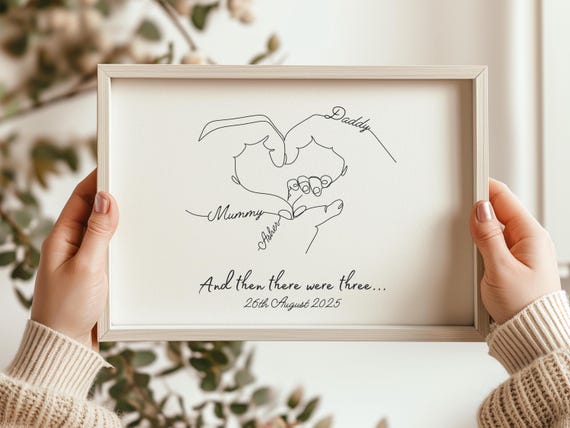 Personalised New Baby Print, New Parents Family Hands Line Art Gift, Newborn Keepsake