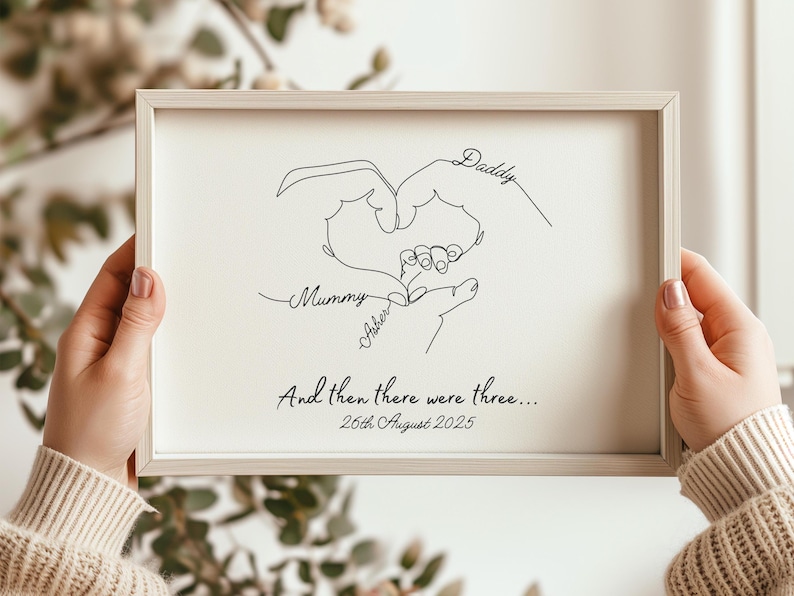 custom family line art print with parents and baby hands forming a heart