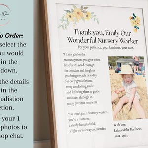 May include: Framed print with text "Thank you, Emily Our Wonderful Nursery Worker" and a photo of a child. The print includes floral accents and a message of appreciation. The frame is a light brown color.