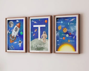 Personalised Space Nursery Bedroom Print Set, Solar System, Rocket, Astronaut (PDF)