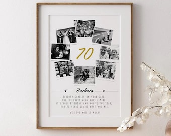 May include: A framed photo collage poster featuring the number 70 in gold, surrounded by black and white photographs. The text reads: Barbara, Seventy candles on your cake, one for every wish you'll make. It's your birthday and you're the star, for 70 years old is what you are. We love you so much!