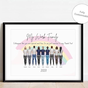 May include: A framed print featuring the text My Work Family and Colleagues like you are special and few. So we just wanted to say Thank You! above an illustration of nine people standing in front of a pastel rainbow with the year 2023.