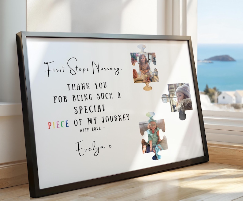 Personalised thank you gift for childminder, puzzle photo print with child name photos and heartfelt thank you message