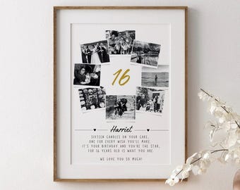 Personalised 16th Birthday Photo Collage Gift, Custom Name Keepsake Wall Art