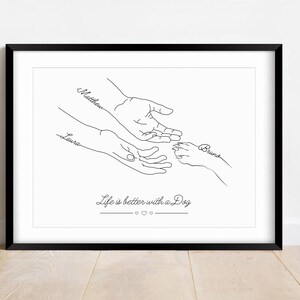 May include: Black and white line art illustration of two hands and a paw print. The hands are labelled "Matthew" and "Laurie" and the paw print is labelled "Bruno". The text "Life is better with a Dog" is below the illustration.