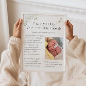 Impression de cadeau de remerciement sage-femme, remerciement de l'équipe de naissance, cadeau de célébration de nouveau bébé pour sage-femme, citation florale personnalisée, cadeau d'art post-partum