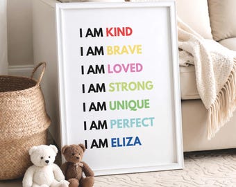 Personalisierter Kinderdruck mit Affirmationen, individueller Name, Wanddeko fürs Kinderzimmer, positive Zitate, Regenbogen-Dekoration