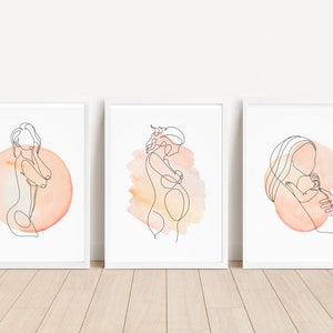 Impresiones de acuarela de viaje de embarazo, conjunto de 3, regalo de maternidad, arte de línea minimalista, nuevo bebé defor, cesta de bebé recién nacido, regalo de embarazo