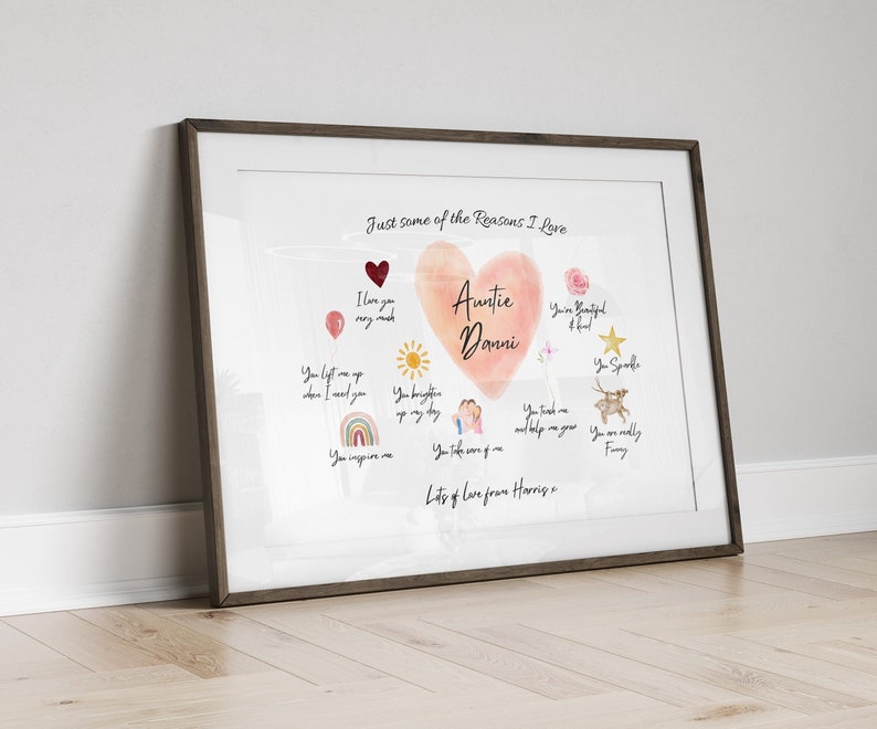 A watercolour print featuring a pink heart that reads "Auntie Danni" and lists reasons why someone loves their auntie. The text includes phrases such as "You lift me up when I need you", "You brighten up my day", "You inspire me", "You take care of me", "You teach me and help me grow", "You are really funny", "You're beautiful and kind", "You sparkle". The print is signed "Lots of love from Harris".