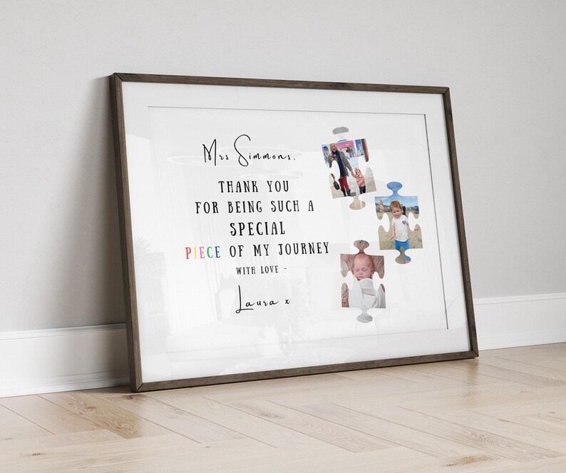 Personalised keyworker thank you gift, puzzle photo print with child photos nursery name and heartfelt message keepsake