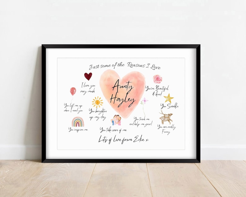 Personalised Auntie Emi wall art featuring a central blush pink heart, whimsical illustrations and handwritten reasons why an auntie is loved.
