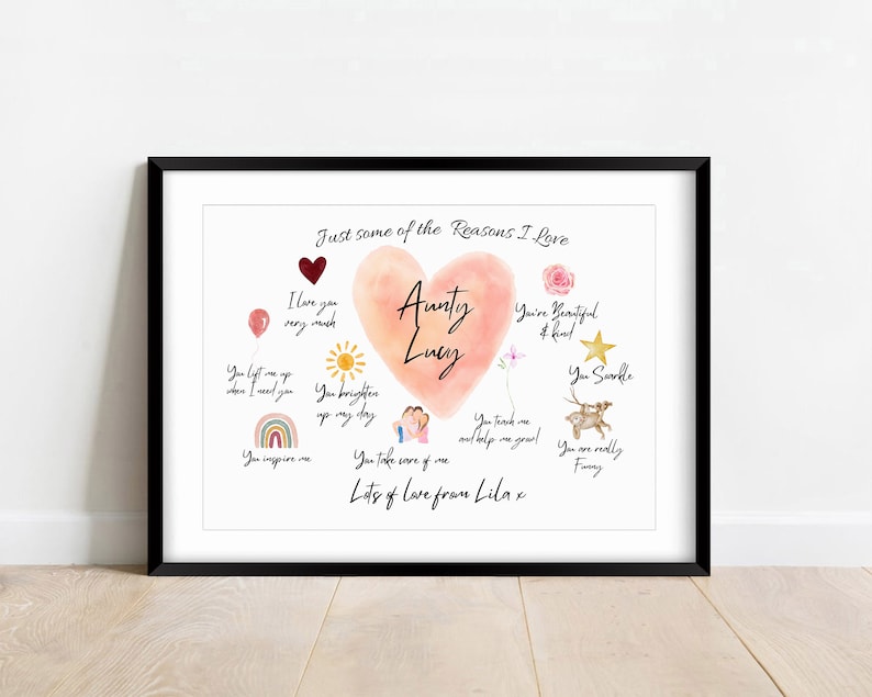 K&ouml;nnte beinhalten: Ein rosa Herz mit den Worten "Aunty Lucy" darin, umgeben von Aquarell-Illustrationen und Text, der "Just some of the reasons I love..." und "Lots of love from Lila x" lautet.