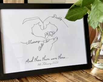 Personalised New Baby Print, New Parents Family Hands Line Art Gift, Newborn Keepsake