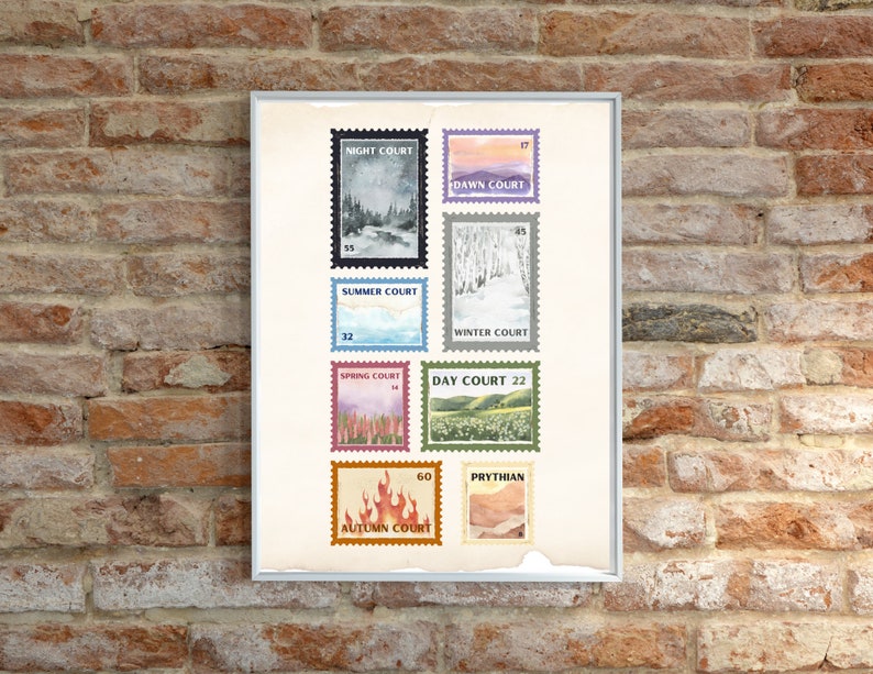 May include: A framed print with a collage of colorful stamps featuring different seasons. The stamps depict scenes of a forest, a mountain range, a field of flowers, and a fire. The text on the stamps reads "Night Court", "Dawn Court", "Summer Court", "Winter Court", "Spring Court", "Day Court 22", "Autumn Court", and "Prythian".