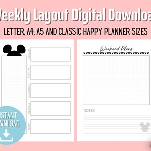 Peut inclure: Un planificateur hebdomadaire imprimable avec un design de tête de Mickey Mouse. Le planificateur comprend une section pour les tâches quotidiennes et une section séparée pour les plans du week-end. Le planificateur est disponible dans les tailles Letter, A4, A5 et Classic Happy Planner.