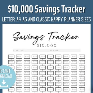 May include: A printable savings tracker sheet with a black and white design. The sheet is titled "Savings Tracker $10,000" and has a grid of squares labeled with "$100".