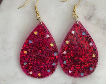Earrings handmade with Resin Red and hearts NWT