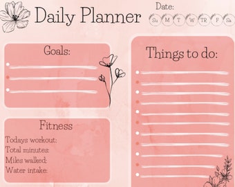 Puede incluir: Un planificador diario rosa con un diseño floral. El planificador incluye secciones para objetivos, cosas que hacer, estado físico, gratitud y una cita diaria.