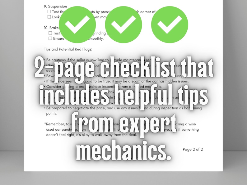 Two page printable checklist that includes helpful tips from expert mechanics for used car shopping.