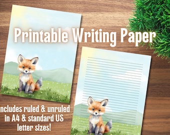 Carta da cancelleria stampabile Cute Baby Fox con linee e senza linee, formato A4 e lettera USA per scrivere e appunti - Download istantaneo