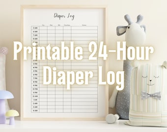 May include: Printable 24-hour diaper log chart with headings for dry, wet, bbm, diarrhea, and notes. The chart is displayed on a white background with a wooden frame.