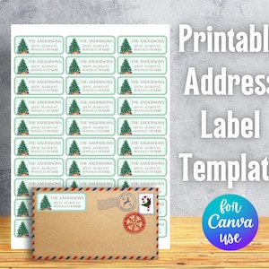 May include: Printable address label template with a Christmas tree design. The labels are light green with a Christmas tree graphic and the text "The Andersons". An envelope with a holiday stamp is also shown. The text "Printable Address Label Template for Canva use" is displayed.