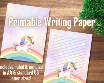Lindo papel de papelería imprimible Rainbow Unicorn con líneas y sin líneas, tamaño A4 y carta estadounidense para escribir y notas - Descarga instantánea