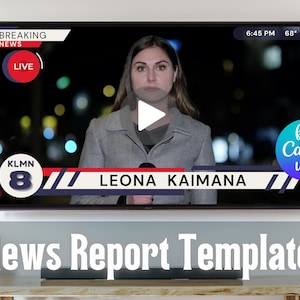 May include: A television screen displaying a news report template with a female news anchor, a play button, and the text "BREAKING NEWS LIVE" and "KLMN 8 LEOΝΑ ΚΑΙΜΑΝΑ". The screen is on a wall with a wooden table below it. The text "for Canva use" is in a circle on the right side of the screen. The text "News Report Template" is below the television screen.