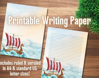 Papel de papelería imprimible Viking Ship con líneas y sin líneas, tamaño A4 y carta estadounidense para escribir y notas - Descarga instantánea