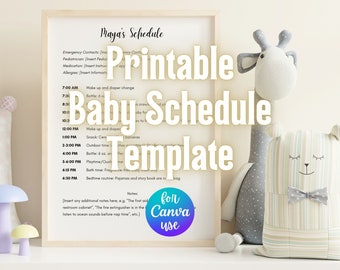 May include: Printable baby schedule template with a light brown wooden frame, a white background, and black text. The text includes "Maya's Schedule", "Baby Schedule Template", and "For Canva Use".
