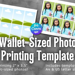 以下が含まれることがあります： 緑の丘と青い空の風景デザインが特徴の、財布サイズの写真用の白いテンプレート。テンプレートには写真用のスペースと「Wallet-Sized Photo Printing Template」のテキストが含まれています。A4およびUSレターサイズ用のテンプレートが含まれています。