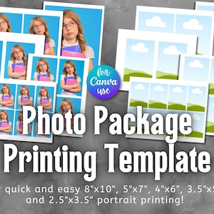 May include: A photo package printing template with various portrait sizes, including 8"x10", 5"x7", 4"x6", 3.5"x5", and 2.5"x3.5". The design features multiple images of a girl with glasses and text that says "Photo Package Printing Template".