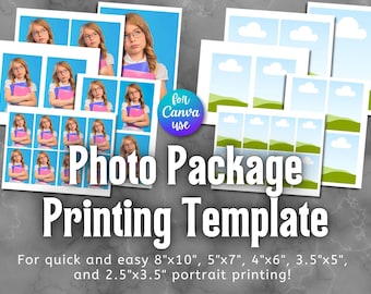 May include: A photo package printing template with various portrait sizes, including 8"x10", 5"x7", 4"x6", 3.5"x5", and 2.5"x3.5". The design features multiple images of a girl with glasses and text that says "Photo Package Printing Template".