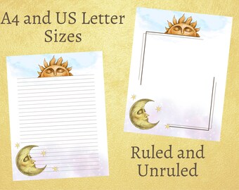 Könnte beinhalten: Zwei druckbare Briefpapier-Vorlagen mit einem Sonnen- und Mond-Design. Die erste Vorlage ist liniert und die zweite ist unliniert. Beide Vorlagen sind in den Formaten A4 und US Letter verfügbar.