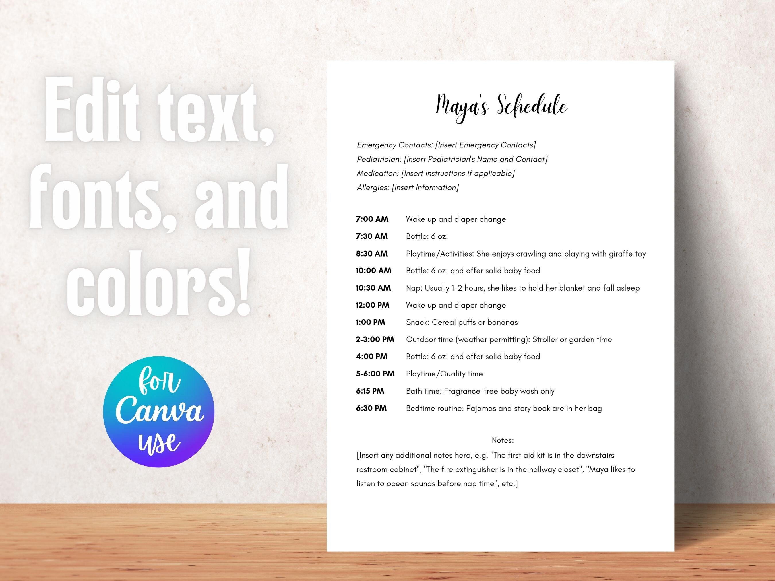 Printable Baby Schedule Template, Editable Nanny Babysitter Daily ...