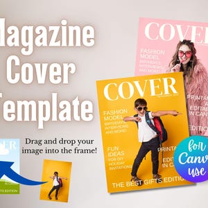 Puede incluir: Plantilla de portada de revista con diseños de portada de revista rosa y amarilla. Las portadas presentan la palabra "COVER". La plantilla incluye el texto "¡Arrastra y suelta tu imagen en el marco!" y "para uso de Canva."