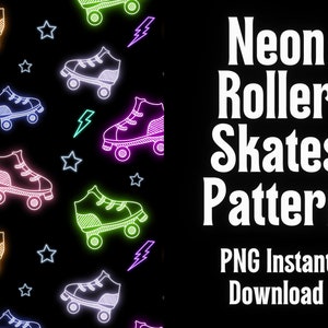Leuke jaren 90 Neon Rolschaatsen Naadloos Patroon PNG voor Textiel Print 3600x3600 w / Zwarte & Transparante Achtergrond Direct Download