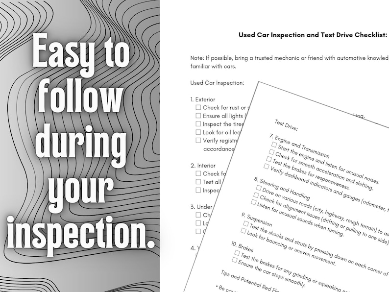 Easy go follow during inspection. Printable pdf includes exterior, interior, engine, tires, title and vin inspections to ensure a safe transaction from a private seller.