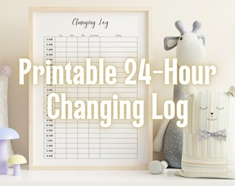 May include: A framed printable 24-hour changing log with a light wood frame. The log includes sections for recording diaper changes. Decorative stuffed animals, including a giraffe and a bear, are in the background.
