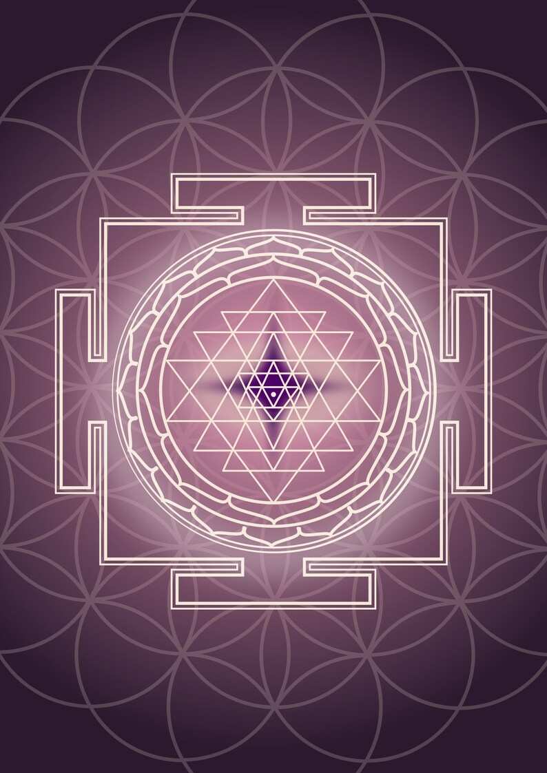 Pu&ograve; includere: Un disegno geometrico bianco con una stella al centro, circondato da un cerchio di stelle pi&ugrave; piccole. Il disegno &egrave; su uno sfondo viola con un motivo a fiore della vita.