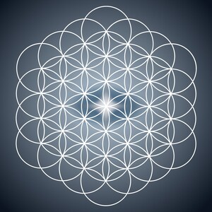 May include: A digital illustration of the Flower of Life, a geometric pattern composed of overlapping circles. The design is rendered in white lines against a gradient background of dark blue and gray, with a bright center.