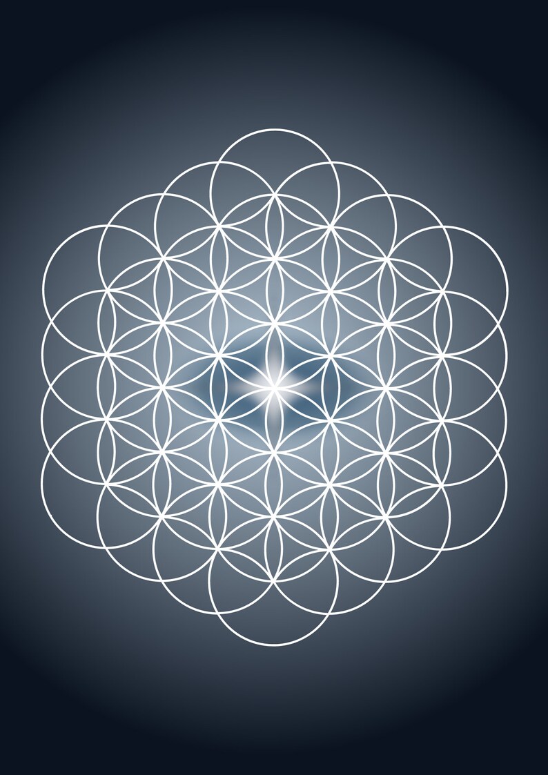 May include: A digital illustration of the Flower of Life, a geometric pattern composed of overlapping circles. The design is rendered in white lines against a gradient background of dark blue and gray, with a bright center.