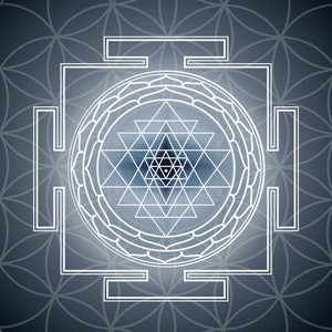 May include: A digital illustration of a Sri Yantra, a sacred geometric symbol. The design features a central triangle pattern within a circle, surrounded by a square frame. The background is a gradient of dark blue with a repeating flower of life pattern.