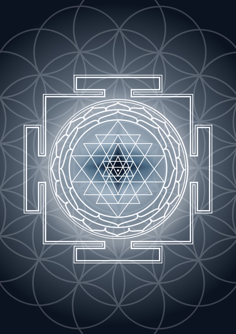 May include: A digital illustration of a Sri Yantra, a sacred geometric symbol. The design features a central triangle pattern within a circle, surrounded by a square frame. The background is a gradient of dark blue with a repeating flower of life pattern.