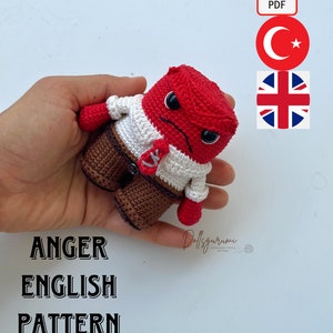 May include: Crochet amigurumi pattern for Anger from the movie Inside Out. The pattern is available in English and is a PDF download. The pattern includes instructions for making a red, white, and brown crocheted character.