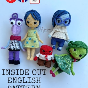 Può includere: Schema di amigurumi all'uncinetto per i personaggi di Inside Out: Gioia, Tristezza, Rabbia, Disgusto e Paura. Lo schema è disponibile in inglese e include le istruzioni per realizzare ogni personaggio.